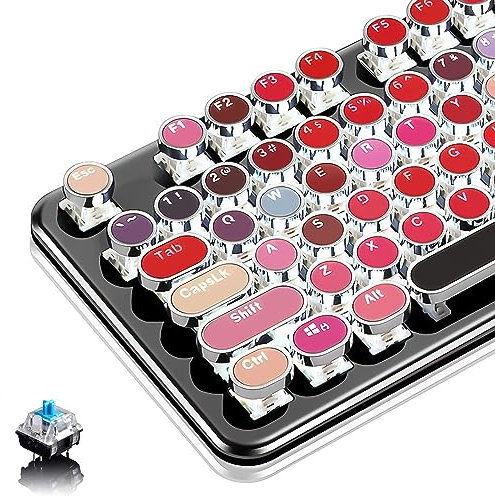 Basaltech Clavier de machine à écrire avec rétroéclairage LED arc-en-ciel, clavier de jeu mécanique vintage avec touches rondes rouge à lèvres, commutateurs bleus, clavier filaire à 104 touches,