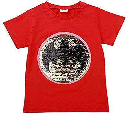 T-Shirt aus Baumwolle für Jungen und Mädchen mit kurzen Ärmeln und magischen Pailletten, 3 – 8 Jahre, rot, 130 cm