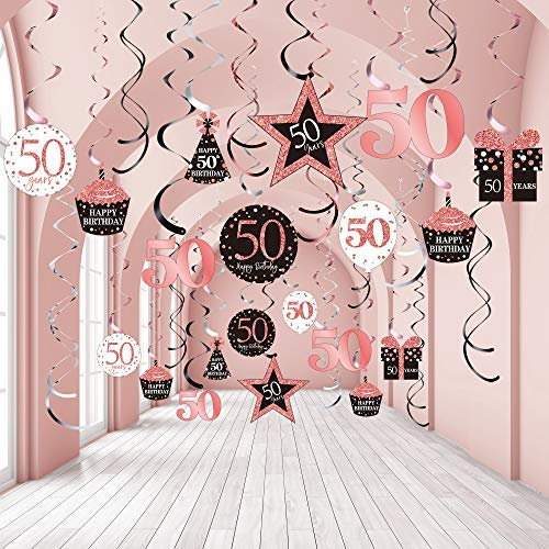 Blulu 50th Birthday Rose Gold Hanging Swirls Ceiling Decorations - Shiny Foil Swirls for 50 Years Old Party Supplies - 30 Count