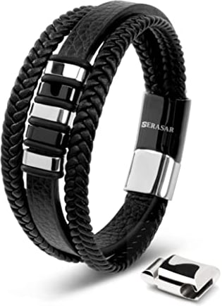 SERASAR Armband Silber Herren 23cm Herrenarmband Männer Leder Armreif Lederband Herrenarmreif Armschmuck Schmuck Armkette Flecht Wickelarmband