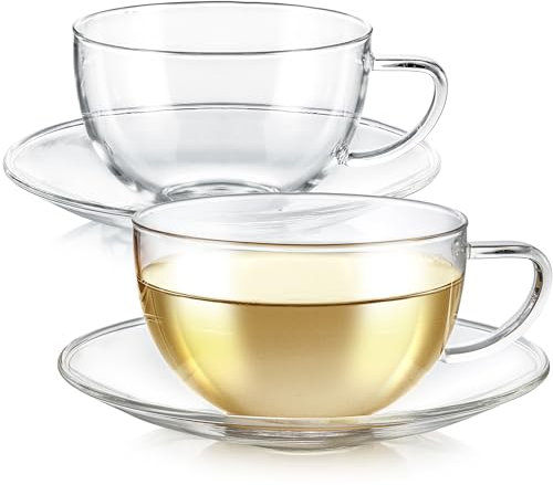 Teabloom Kyoto Teetasse und Untertasse Set 2er Pack - Große Größe 12oz 350ml Fassungsvermögen Kristallklares Design Gesundes Premium Borosilikatglas Hitzebeständig, Mikrowellenfest Glasbecher