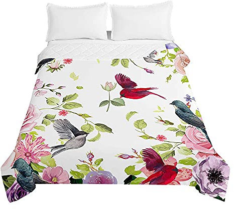 Surwin Couvre Lit Matelassé pour 1 ou 2 Personnes, Dessus de Lit Imprimé Oiseau Floral Printanier 3D Couverture de lit en Microfiber Doux Jeté de Lit Printemps Été (Rose,180x220cm)