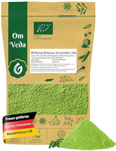 BIO Moringa Pulver | Blattpulver Moringapulver | fein gemahlene Moringa Oleifera | Organic Bio-zertifiziert DE-ÖKO-039 | Moringa Powder | Für Smoothies und Tee | OmVeda (200g)