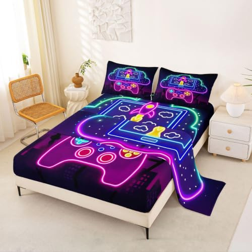 Erosebridal Gaming Bed Sheets Queen Purple Gamepad Sheet Set for Kids Boys Girls Modern Gamer Bed Sheet Set Vintage Video Games Fitted Sheet for Bedroom Decor with Deep Pocket Gaming Flat Sheet
