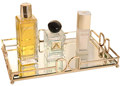 Gold Tray,HAIGOUER,Mirror Tray,Beautiful and Elegant Makeup Tray,Vanity Tray,Luxury Rust-Proof Glass Tray for Bathroom Vanity Bathroom Dresser Bedroom