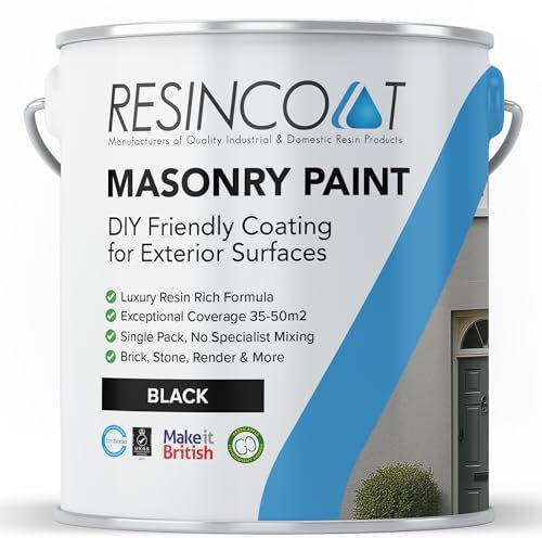 Resincoat Masonry Paint, Durable Exterior Paint for Walls & Outdoor Surfaces, Weather Resistant, Low VOC Single Pack Acrylic Resin Formula, Up to 50m2 Coverage, Smooth Matt Finish, Black, 5KG