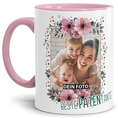 Keramik Tasse - Beste Patentante - mit Foto selbst gestalten - Geschenk für die beste Patentante, Geburtstag, Weihnachten I Personalisiert, Rosa, 300 ml