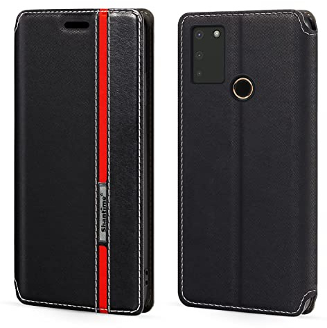 Flip-Lederhülle für Gigaset GS4 - Schwarz | 5.5 Schlankes unsichtbares magnetisches Cover mit Kartenschlitz, klassisches Streifen-Kontrastfarbendesign