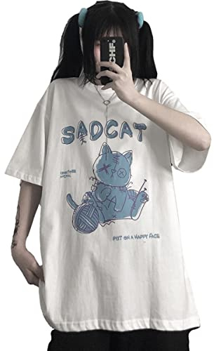 Damen Gothic T-Shirt Sommer Grafik Harajuku Creepy Cat Bear Print Neuheit Kurzarm Tops (White,M)