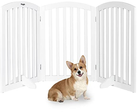 Bonnlo Wooden Free Standing Dog Gate for Doorway with 3 Foot Supporters, Configurable Folding 3 Panel Indoor Pet Gate, Wood Dog Barrier/Divider, 155CM W X 76CM H, White