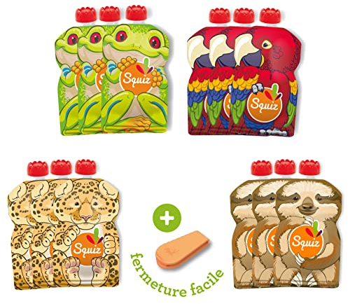 Lot de 12 Gourdes Réutilisables 130ml | Collection amazonie | Pour bébé, enfant et adulte | compotes, purées, et smoothies | Étanches et Durables | Fabriquées en Suisse et en France | Squiz