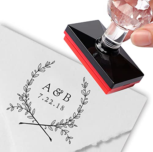 Personalisierter Stempel, elegantes Lorbeer-Monogramm, Hochzeit, Datum, Hochzeitsdatum, personalisierte Adress-Etiketten