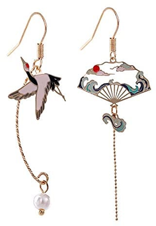 Chinese style Folding Fan Modeling Crane cloud Hanging Dangle National Style Earrings for Women Hollow asymmetric Metal Jewelry Attractive and professional