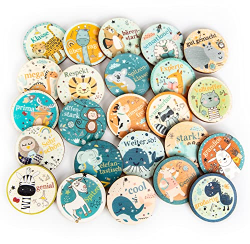 Kleine Holztaler mit Tieren, 24 Stück: Mini Holz-Glückstaler Beschriftet, Motivationssteine-Set mit Sprüchen, Für Kinder & Schule, Lob, Motivation, Deko & Glücksbringer, Geschenk Spruch Klein, Ø 4 cm