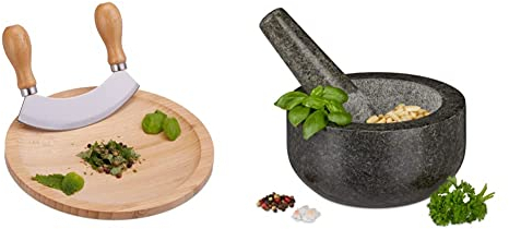 Relaxdays 10027485 Berceuse, Hachoir Demi-Lune, Couteau INOX Herbes, HxD: 2 x 20 cm & Mortier en granit avec pilon, robuste, pour épices, herbes, mortier en pierre polie, d. 16 cm, 400 ml, gris