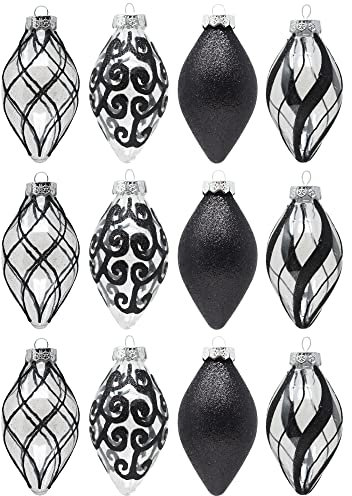 12er-Pack Weihnachtskugeln mit Tropfenform und hängenden Anhängern für Weihnachtsbaum, Weihnachtsdekoration, Lange 4-Zoll-große bruchsichere Kunststoffornamente, schwarz