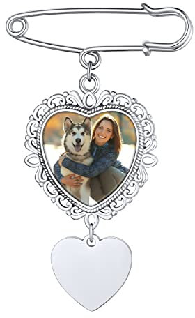 Custom4U Personalisierte Foto Brosche Pin Silber Edelstahl Herz Broschen Clip mit Fotogravur Memorial Hochzeit Boutonniere Pin Kit mit Foto Charms für Damen Frauen Mädchen