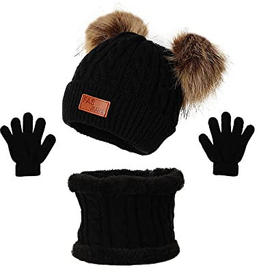 TOKYMOON 3 in 1 Kinder Wintermütze Schal Handschuhe Set Strickmütze Warme Winter Beanie Hut Handschuhe Schal Set für Kinder Jungen Mädchen Babymütze Kinder Mütze Set 1-5 JahreSchwarz