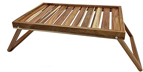 Vassoio da letto in acacia con gambe pieghevoli – 49 x 33 cm – Vassoio da portata in legno con struttura – Vassoio per la colazione – Tavolo da letto per computer portatile TV letto snack