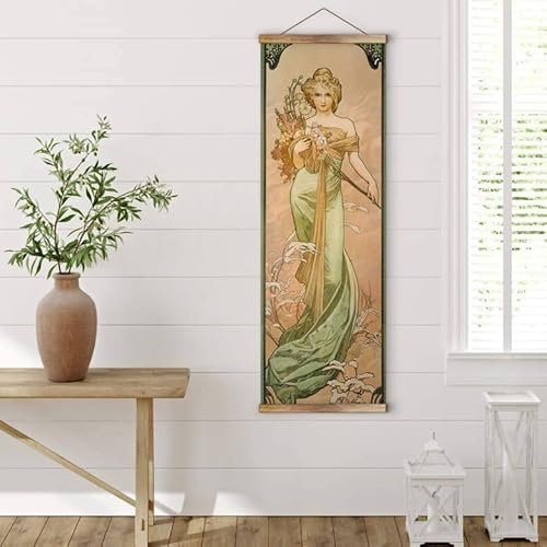 K&L Wall Art Vintage Stoffbild Poster Mucha Jahreszeiten Frühling Wandbild ohne Zubehör Jugendstil Kunstdruck Banner 30x90cm