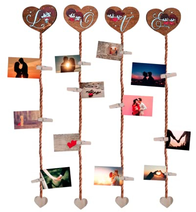 Cadre photo mural multiple porte-photo, 4 cœurs en bois inclus 6 pinces et ficelles, photos personnalisées Wall Decor Love copains