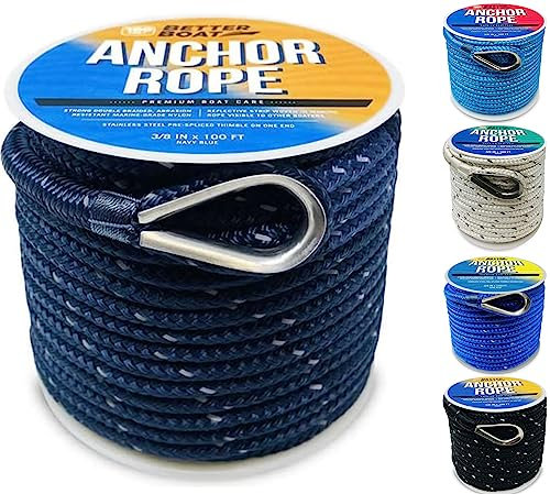 Premium Boat Anchor Rope, 100 Ft Double Braided Navy Blue Nylon Marine Line, 3/8 Inch Reel for Anchors and Boats