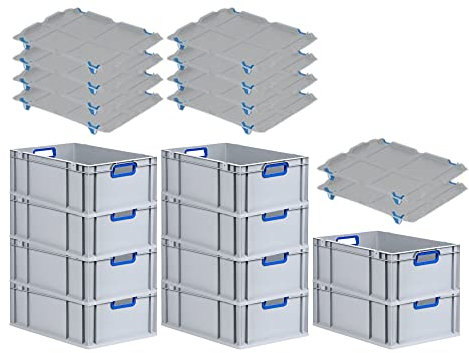 PROREGAL SuperSparSet 10x Eurobox NextGen Color mit Auflagedeckel & Schiebeschnappverschlüsse, HxBxT 22x40x60cm, 44L, Griffe blau offen, Verstärkter Boden, Eurobehälter Transportbox Transportbehälter