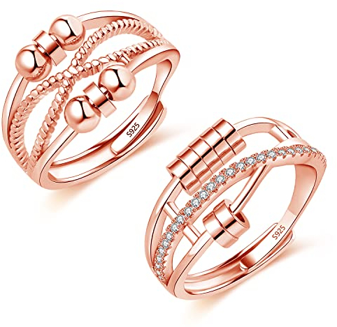 Cangall Silber Anxiety Rings, 2PCS 925 Sterling Silber Damen Angst Rings Set, Offen Einstellbar Anti-Angst Ring Rose Gold, Unendlichkeit Stressring Dekompressionsringe, Zappelring Spinner Fidget Ring