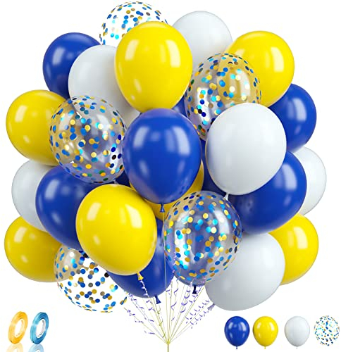 Biapian 60PCS Blue and Yellow Balloons - 12Inch Royal Blue Yellow White Confetti Balloons, Helium for Birthday, Wedding, Graduation, Soccer Party Decoration
