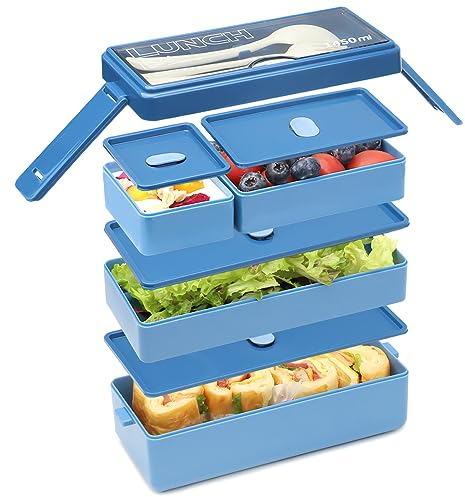Bugucat Lunch Box 1450 ML, Double Stackable Bento Box Container Meal Prep Containe With Cutlery, 3 Tier and 4 Compartment Design Food Containers for Lunch Snacks,Lunch Box for Adults and kids BPA-Free
