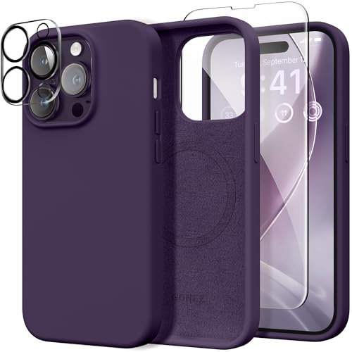 GONEZ Magnetic for iPhone 14 Pro Max Case [3 in 1], Compatible with Magsafe, with 1X Screen Protector + 1X Camera Lens Protector, Liquid Silicone Shockproof 14 Pro Max Case, Deep Purple