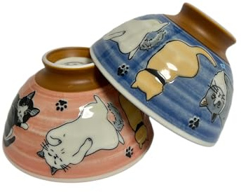 Japanese Mino Ware Ceramic Rice Bowl Set, Cats Pattern, 4.84 Inches Diameter x H2.56 Inches, 13.3 Fluid Ounces, Blue and Red Set of 2 from Japan