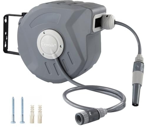 Crystals 10M Hose Reel – Compact Wall-Mounted or Portable Reel with Retractable Rewind Function, Package Includes Nozzle, Fittings & Fixings, Grey