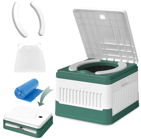 Pot Portable, Toilettes de Camping Pliables avec Coussin de Siège en PU, sac de Rangement et 20 sacs Poubelles, Toilettes d'urgence Danspour le Camping, les Voyages, les Embouteillages, Vert