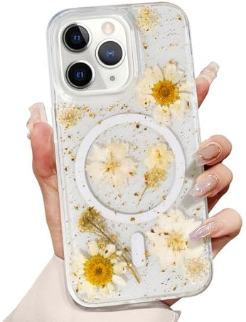 Magnetisch Hülle Blumen für iPhone 12 Pro max, Kompatibel mit MagSafe, Durchsichtig Sonnenblume Handyhülle Glitzer Echte Getrocknete Blumen Hülle Transparent Stoßfest Schutzhülle Florale Gänseblümchen