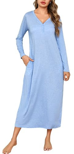 Leversic Chemise de Nuit Longue Femme en Coton Manches Longues Robe de Nuit Peignoir de Bain Bleu Ciel M