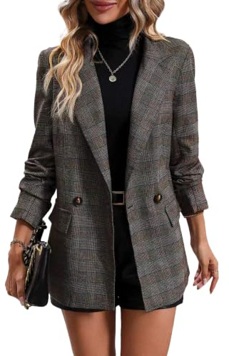 Mina Self 2025 Damen-Blazer mit Hahnentrittmuster und Karomuster, vollständig gefüttert, eleganter Business-Anzug, lässiger Büroanzug mit Taschen