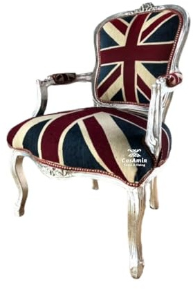 Armchair Nostalgic Baroque Style Chair Union Jack Theme in Silver Frame for Home Décor or for Hotel Lounge