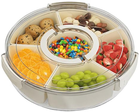 Leerweii Divided Serving Tray with Lid and Handle, Rotating Snack Box with 6 Compartments Snack Tray Round Portable Food Storage Divided Platter for Fruit Veggie Candy Spice
