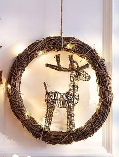 Dekoleidenschaft großer Dekokranz Rentier aus Zweigen mit LED Beleuchtung, Ø 44 cm, Natur Wandkranz, Weihnachtsdeko, Weihnachts-Türkranz zum Aufhängen, Naturkranz