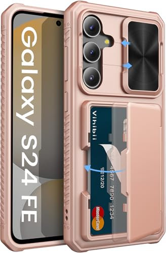 Vihibii pour Samsung Galaxy S24 FE Coque avec Porte-Carte & Cache Caméra & RFID Blocage, Protection d'écran Antirayures Militaire Antichoc Étui Portefeuille pour Samsung S24 FE 6,7 Pouces, Or Rose