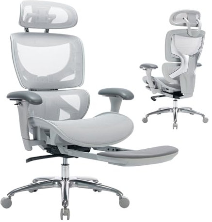 COLAMY Ergonomic Mesh Office Chair, Ergonomic Desk Chair with Footrest, Executive High Back Computer Desk Chair with Lumbar Support, Headrest and Adjustable 3D Arms, Tilt Lock and Lumbar Support-Grey
