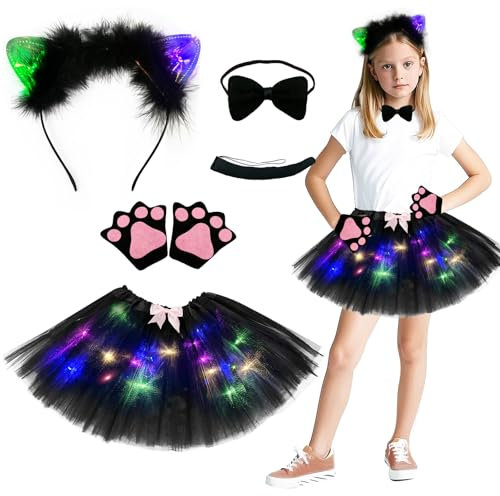 Aitsite cat Tierkostüm Kinder, Tüllrock mit Lichterkette Karneval, Tier Kostüm, Dschungel Kostüm Kinder, Mädchen Tüllrock Set, Mit Haarbänder Nase Schleifen Schwanz, Karneval Faschingskostüme Kinder