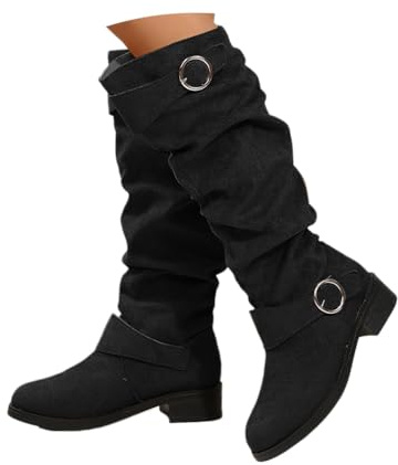 shownicer Botte Hautes Femme Daim Bottes Elegant Bout Rond Bottines Automne et Hiver Talon Bas Boots Confortable Chaussures C Noir 43