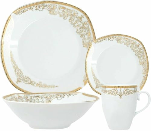 Reldor 16-Piece Square Porcelain Dinner Set for 4– 4 Dinner Plates and Bowls Set with 4 Side Plates & Mugs, Dishwasher Safe, Highly Resistant Dinnerware, Kitchen & Dining - Vintage Gold Design