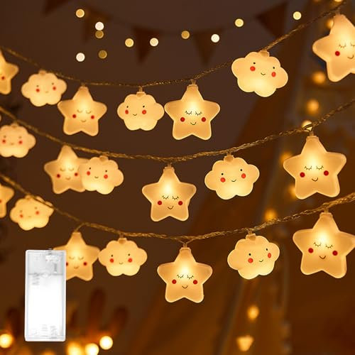 cailiya Stern Regenbogen Lichterkette,Lichterkette Kinderzimmer,3m,mit 20 LED Lichterkette,für Party Kinderzimmer Garten Hochzeits Zimmer Deko (Warmweiß (Sterne + Wolken))