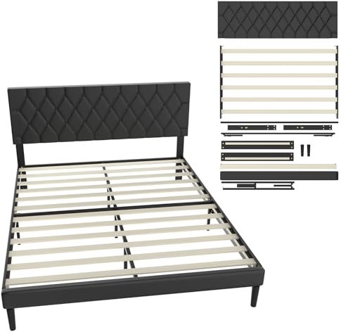 UISEBRT Polsterbett 160 x 200 cm – Bettrahmen mit Knöpfen, Plattformbettgestell mit gepolstertem Kopfteil aus Kunstleder, Holzlattenstütze, Doppelbett für Erwachsene, Modernes Design (Schwarz)
