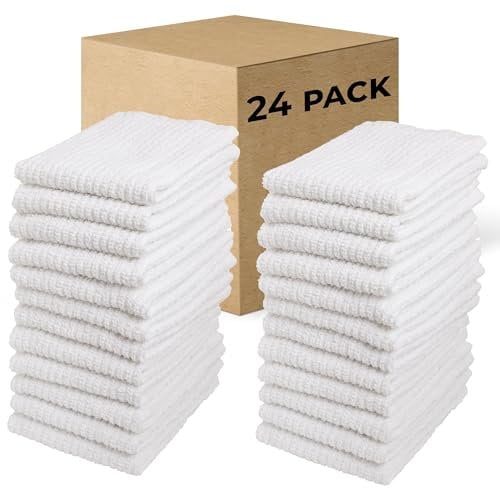Bar Mop Cleaning Kitchen Dish Cloth Towels 12 x 12, 100% Cotton, Machine Washable, Everyday Kitchen Basic Utility Bar Mop Dishcloth Set of 24, White
