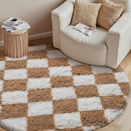 HUGEAR Kariert Flauschig Teppich Rund 120 Teppiche Braun Weiß Shaggy rutschfest Kinderzimmer Mädchen Junge Carpet Bettvorleger Schlafzimmer Hochflor Weich Runder Carpets