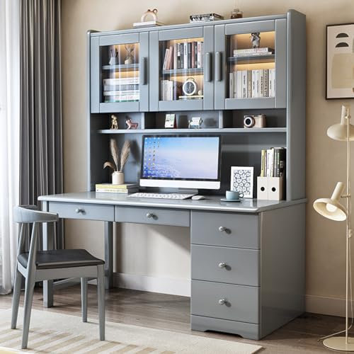 Moderna mesa de estudio con puerta de cristal y cajón, escritorio de oficina en casa con cajón, estación de trabajo para espacios pequeños (120 x 60 x 186 cm, gris)